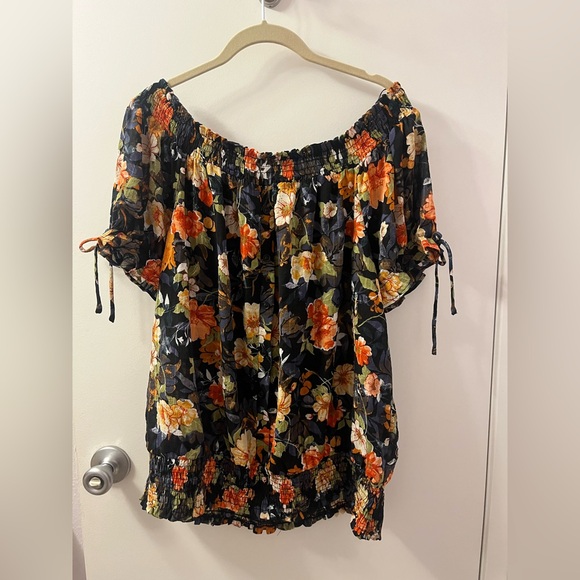 Sweet Rain Floral Off-Shoulder Blouse - Black, Orange, Green Nwot! 3x